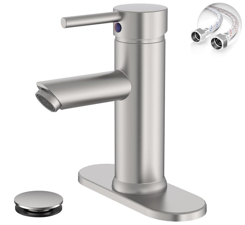 Green Spring Brushed Nickel Bathroom Faucet, Greenspring 1 Hole Bathroom Sink Faucet, Single Handle Aerator Spout Lavatory Vanity Sink Faucet with Pop Up Drain and Overflow Mixer Tap Supply Line, Brass - Image 1